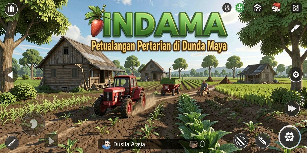 Screenshot gameplay INDAAA dengan lahan pertanian yang hijau dan beragam tanaman.