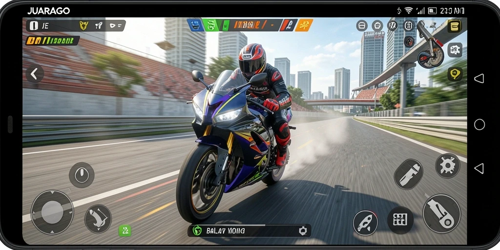 Tampilan gameplay JUARAGO yang mendebarkan dan penuh aksi balap motor.