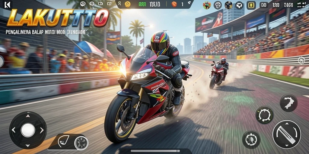 Screenshot gameplay LAKUTOTO menampilkan balapan motor yang menegangkan.