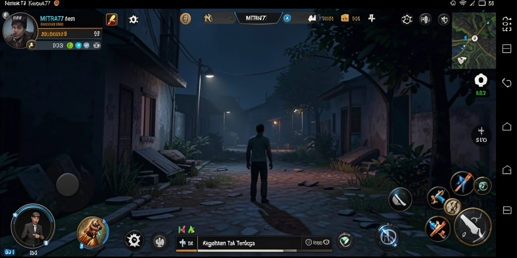 Tampilan mencekam gameplay MITRA77 di kegelapan.