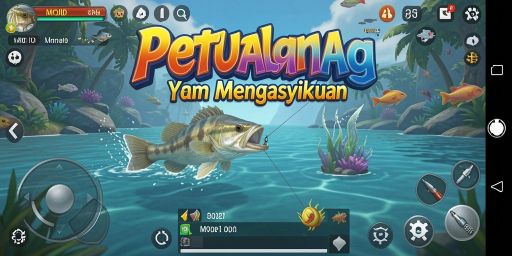 Screenshot MPOID menampilkan momen seru saat menangkap ikan di tepi danau.