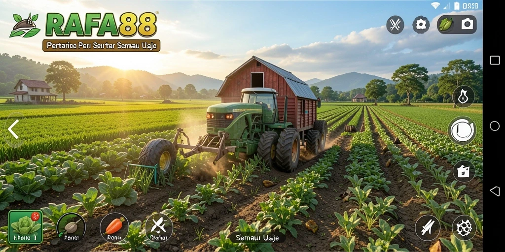 Screenshot permainan RAFA88 menampilkan kebun yang subur dan berbagai aktivitas pertanian.