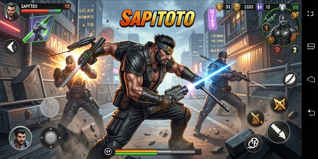 Tangkapan layar menampilkan aksi intens dalam permainan Fighting SAPITOTO.
