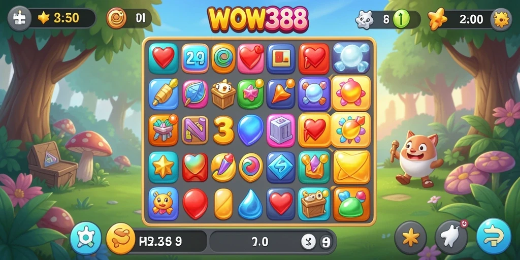 Tampilan gameplay WOW388 yang menakjubkan dan penuh warna dalam genre Match-3.